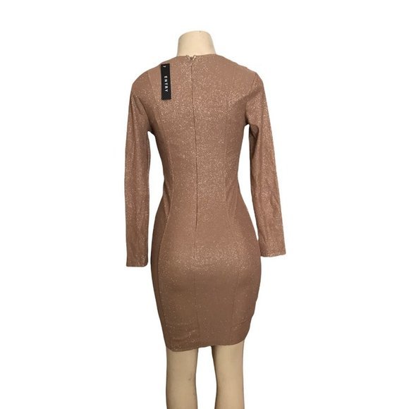 Entry Beige Nude Bodycon Long Sleeve Dress with Gold Shimmer - Picture 2 of 12